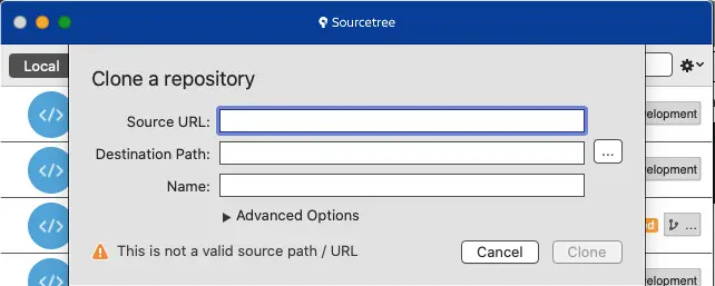 How to clone a Github repo Sourcetree select new. Enter Source Url